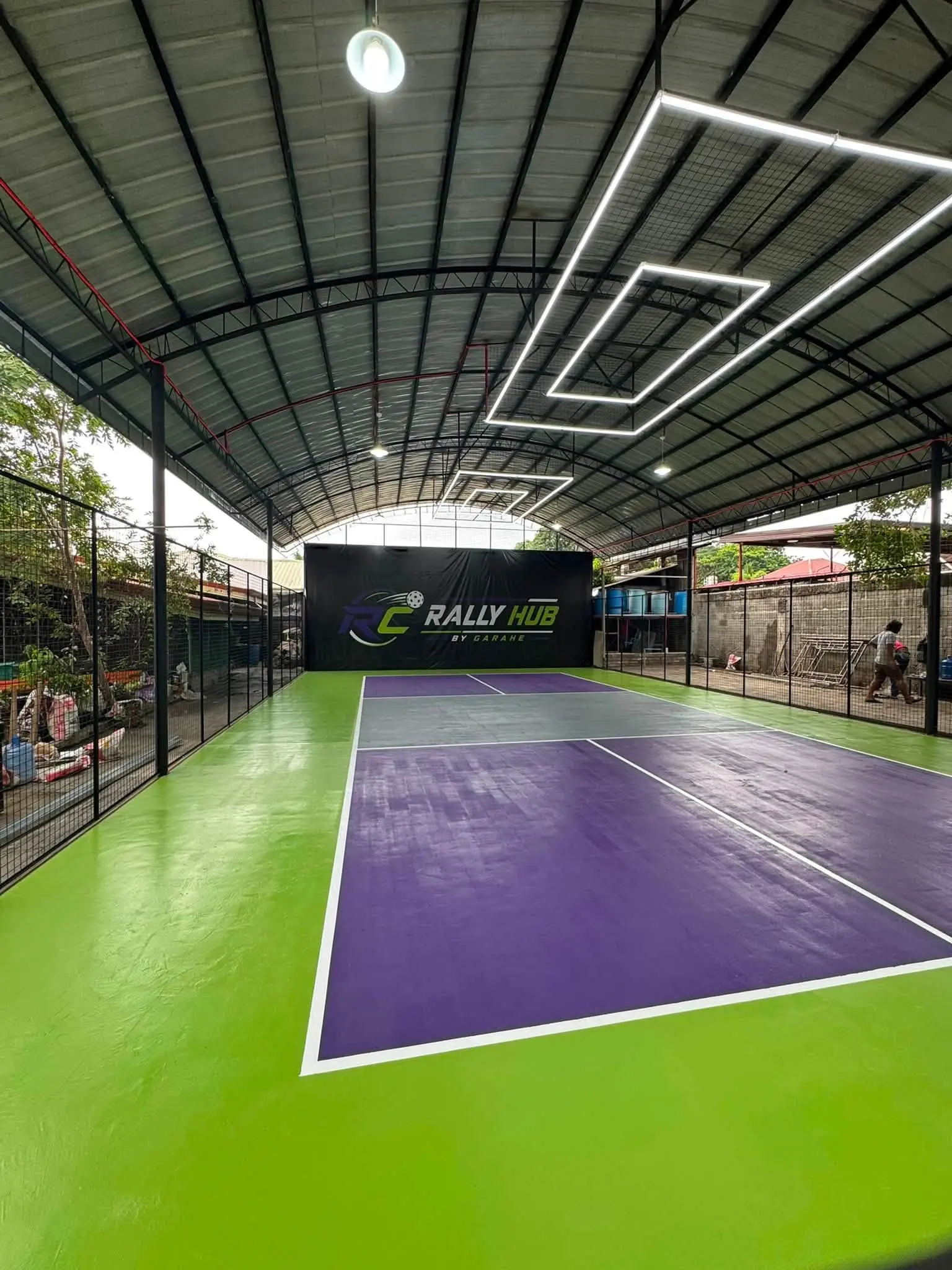 Wide view of the covered RC Rally Hub pickleball court